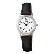   Q&Q női karóra, ezüst színű fémtok, fehér színű számlap, fekete színű bőrszíj  C40A-009PY