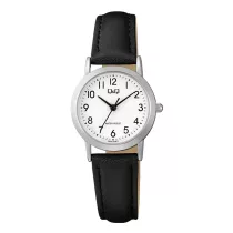   Q&Q női karóra, ezüst színű fémtok, fehér színű számlap, fekete színű bőrszíj  C40A-009PY