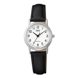   Q&Q női karóra, ezüst színű fémtok, fehér színű számlap, fekete színű bőrszíj  C40A-009PY