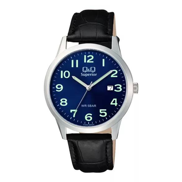 Q&Q női karóra, ezüst színű acél tok, kék színű foszforeszkálós számlap, fekete színű bőrszíj (SUPERIOR) C52A-005VY