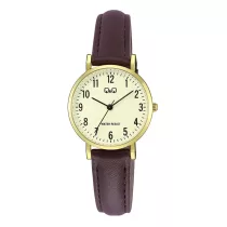   Q&Q női karóra, arany színű fémtok, sárga színű számlap, barna színű bőrszíj C66A-001PY