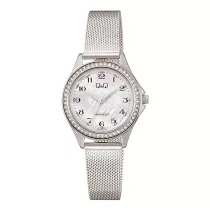   Q&Q női karóra, ezüst színű fémtok, gyöngyház színű számlap, ezüst színű fémcsat C80A-001PY