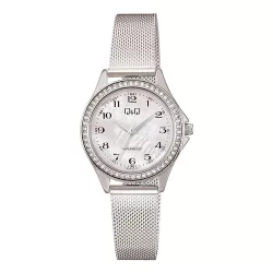   Q&Q női karóra, ezüst színű fémtok, gyöngyház színű számlap, ezüst színű fémcsat C80A-001PY