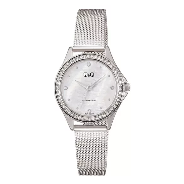 Q&Q női karóra, ezüst színű fémtok, gyöngyház színű számlap, ezüst színű fémcsat C80A-003PY
