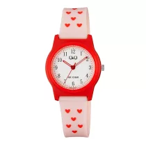   Q&Q karóra, quartz, piros színű műanyag tok, fehér színű számlap, rózsaszínű műanyag szíj, G23A-015VY
