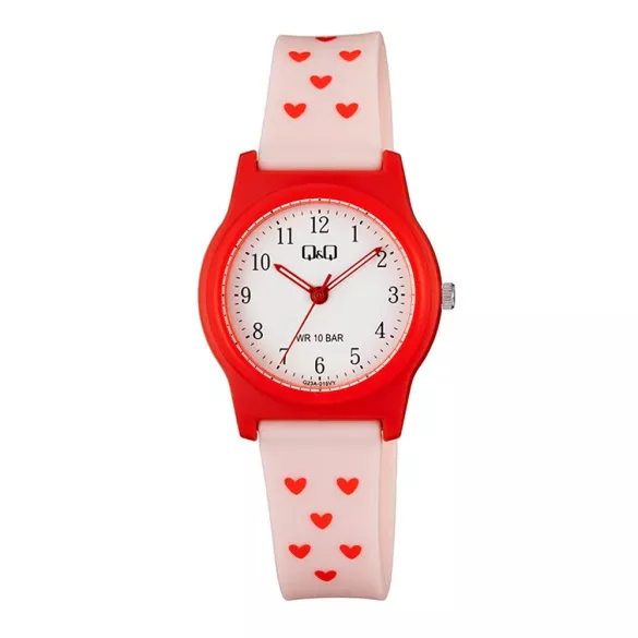 Q&Q karóra, quartz, piros színű műanyag tok, fehér színű számlap, rózsaszínű műanyag szíj, G23A-015VY