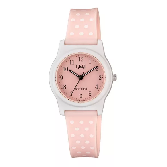 Q&Q karóra, quartz, fehér színű műanyag tok, rózsaszín színű számlap, rózsaszín műanyag szíj, G23A-018VY