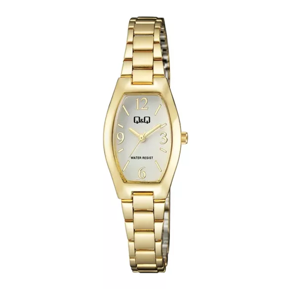 Q&Q női karóra, arany színű fémtok, ezüst színű számlap, arany színű fémcsat, Q06A-002PY