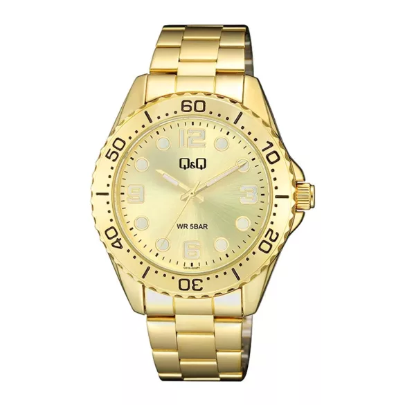 Q&Q férfi karóra, arany színű fémtok, arany színű foszforeszkálós számlap, arany színű fémcsat Q07A-003PY