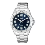   Q&Q férfi karóra, ezüst színű fémtok, kék színű foszforeszkálós számlap, ezüst színű fémcsat Q07A-005PY