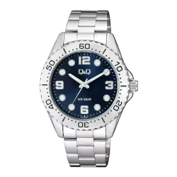  Q&Q férfi karóra, ezüst színű fémtok, kék színű foszforeszkálós számlap, ezüst színű fémcsat Q07A-005PY