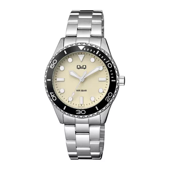Q&Q női karóra, ezüst színű fémtok, bézs színű foszforeszkálós számlap, ezüst színű fémcsat Q55A-001PY
