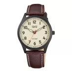   Q&Q nő karóra, fekete színű fémtok, szürke színű számlap, barna színű bőrszíj Q76B-004PY