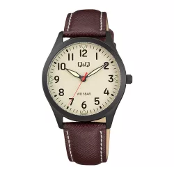   Q&Q nő karóra, fekete színű fémtok, szürke színű számlap, barna színű bőrszíj Q76B-004PY