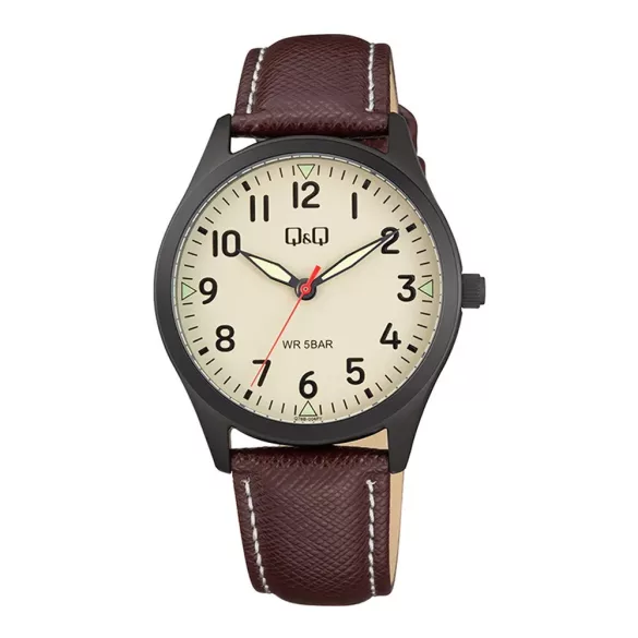 Q&Q nő karóra, fekete színű fémtok, szürke színű számlap, barna színű bőrszíj Q76B-004PY