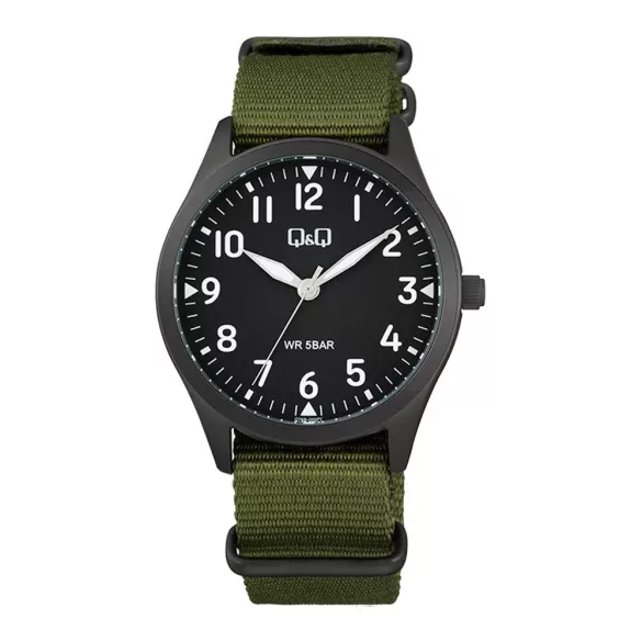 Q&Q férfii karóra,fekete színű fémtok, fekete színű számlap, zöld színű NATO szíj Q76B-005PY
