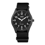   Q&Q férfi karóra, fekete színű fémtok, fekete színű számlap, fekete színű NATO szíj Q76B-007PY