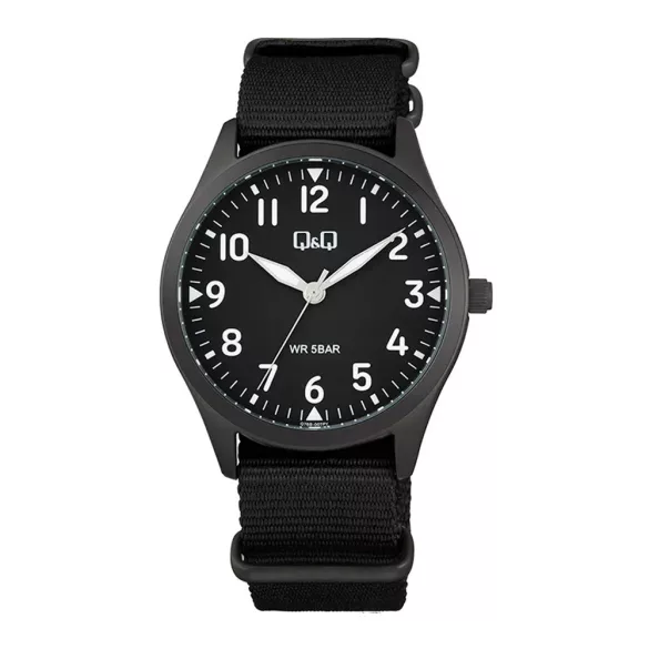 Q&Q férfi karóra, fekete színű fémtok, fekete színű számlap, fekete színű NATO szíj Q76B-007PY