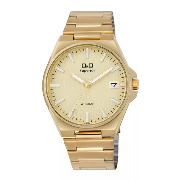 Q&Q férfi karóra, arany színű nemesacél tok, arany színű foszforeszkálós számlap, arany színű nemesacél csat S21A-006PY