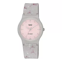   Q&Q női karóra, szürke színű műanyag tok, rózsaszín színű számlap, szürke színű mintás műanyag szíj V06A-011VY