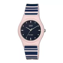   Q&Q női karóra, rózsaszín színű műanyag tok, kék színű számlap, rószaszín színű kék mintás műanyag szíj V10A-003VY