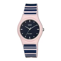  Q&Q női karóra, rózsaszín színű műanyag tok, kék színű számlap, rószaszín színű kék mintás műanyag szíj V10A-003VY