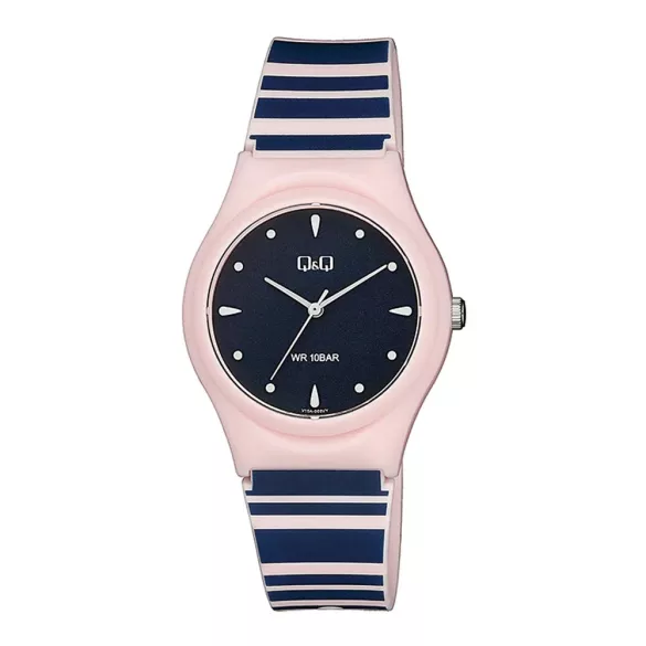 Q&Q női karóra, rózsaszín színű műanyag tok, kék színű számlap, rószaszín színű kék mintás műanyag szíj V10A-003VY