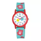   Q&Q gyerek karóra,piros műanyag tok, kék szíj, figurás számlap, V23A-003VY