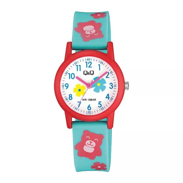 Q&Q gyerek karóra,piros műanyag tok, kék szíj, figurás számlap, V23A-003VY