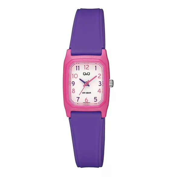 Q&Q  karóra, quartz, ciklámen színű műanyag tok, fehér színű számlap, lila műanyag szíj, V33A-004VY
