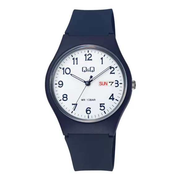 Q&Q nő karóra, kék színű műanyag tok, fehér színű számlap, kék színű műanyag szíj V39A-004VY