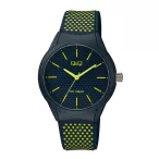   Q&Q unisex karóra, quartz, s.kék színű műanyag tok, s.kék színű számlap, s.kék színű műanyag szíj citromsárga színű pöttyökkel, VR28J035Y