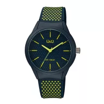   Q&Q unisex karóra, quartz, s.kék színű műanyag tok, s.kék színű számlap, s.kék színű műanyag szíj citromsárga színű pöttyökkel, VR28J035Y