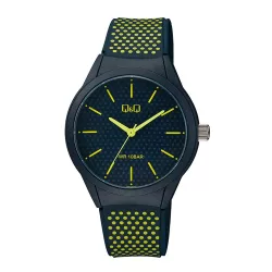   Q&Q unisex karóra, quartz, s.kék színű műanyag tok, s.kék színű számlap, s.kék színű műanyag szíj citromsárga színű pöttyökkel, VR28J035Y