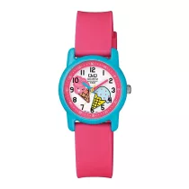   Q&Q gyerek karóra, kék színű műanyag tok, rózsaszín műanyag szíj, figurás számlap, VR41J007Y