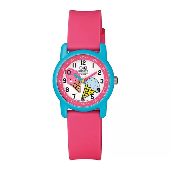 Q&Q gyerek karóra, kék színű műanyag tok, rózsaszín műanyag szíj, figurás számlap, VR41J007Y