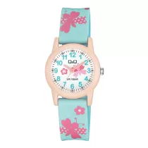   Q&Q gyerek karóra, rózsaszín színű műanyag tok, fehér színű figurás számlap, kék színű műanyag szíj VR99J015Y