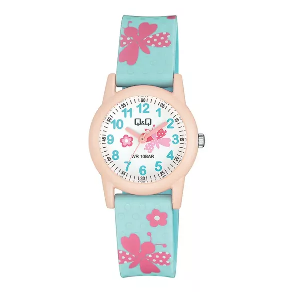 Q&Q gyerek karóra, rózsaszín színű műanyag tok, fehér színű figurás számlap, kék színű műanyag szíj VR99J015Y