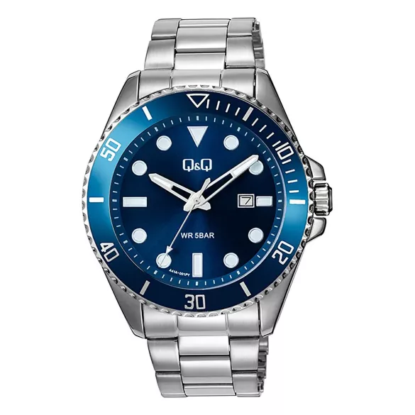 Q&Q férfi karóra, quartz, ezüst színű tok, ezüst színű fém csat, kék számlap  A41A-001PY