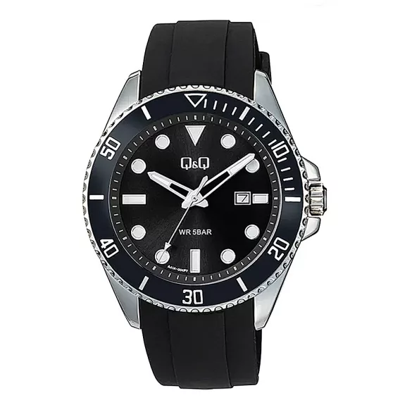 Q&Q férfi karóra, quartz, ezüst szímnű tok, fekete műanyag szíj, fekete számlap  A41A-004PY