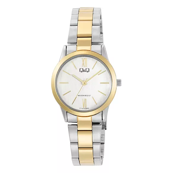 Q&Q női karóra, quartz, bicolor színű tok, bicolor színű fémcsat, ezüst színű számlap  C11A-032PY