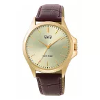   Q&Q férfi karóra, arany színű tok, barna színű bőrszíj, arany számlap  C36A-010PY