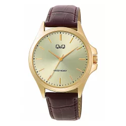   Q&Q férfi karóra, arany színű tok, barna színű bőrszíj, arany számlap  C36A-010PY