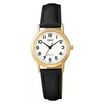   Q&Q női karóra, quartz, arany színű tok, fekete színű bőrszíj, fehér számlap  C40A-010PY