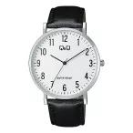   Q&Q férfi karóra, quartz, ezüst színű tok, fekete színű bőrszíj, fehér számlap   C43A-001PY