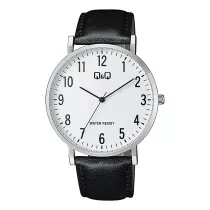   Q&Q férfi karóra, quartz, ezüst színű tok, fekete színű bőrszíj, fehér számlap   C43A-001PY