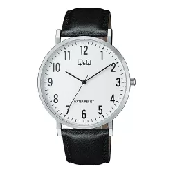   Q&Q férfi karóra, quartz, ezüst színű tok, fekete színű bőrszíj, fehér számlap   C43A-001PY