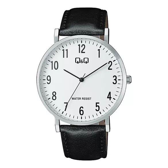 Q&Q férfi karóra, quartz, ezüst színű tok, fekete színű bőrszíj, fehér számlap   C43A-001PY