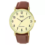   Q&Q férfi karóra, quartz, arany színű tok, barna színű bőrszíj, sárga számlap  C43A-004PY