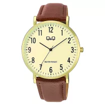   Q&Q férfi karóra, quartz, arany színű tok, barna színű bőrszíj, sárga számlap  C43A-004PY
